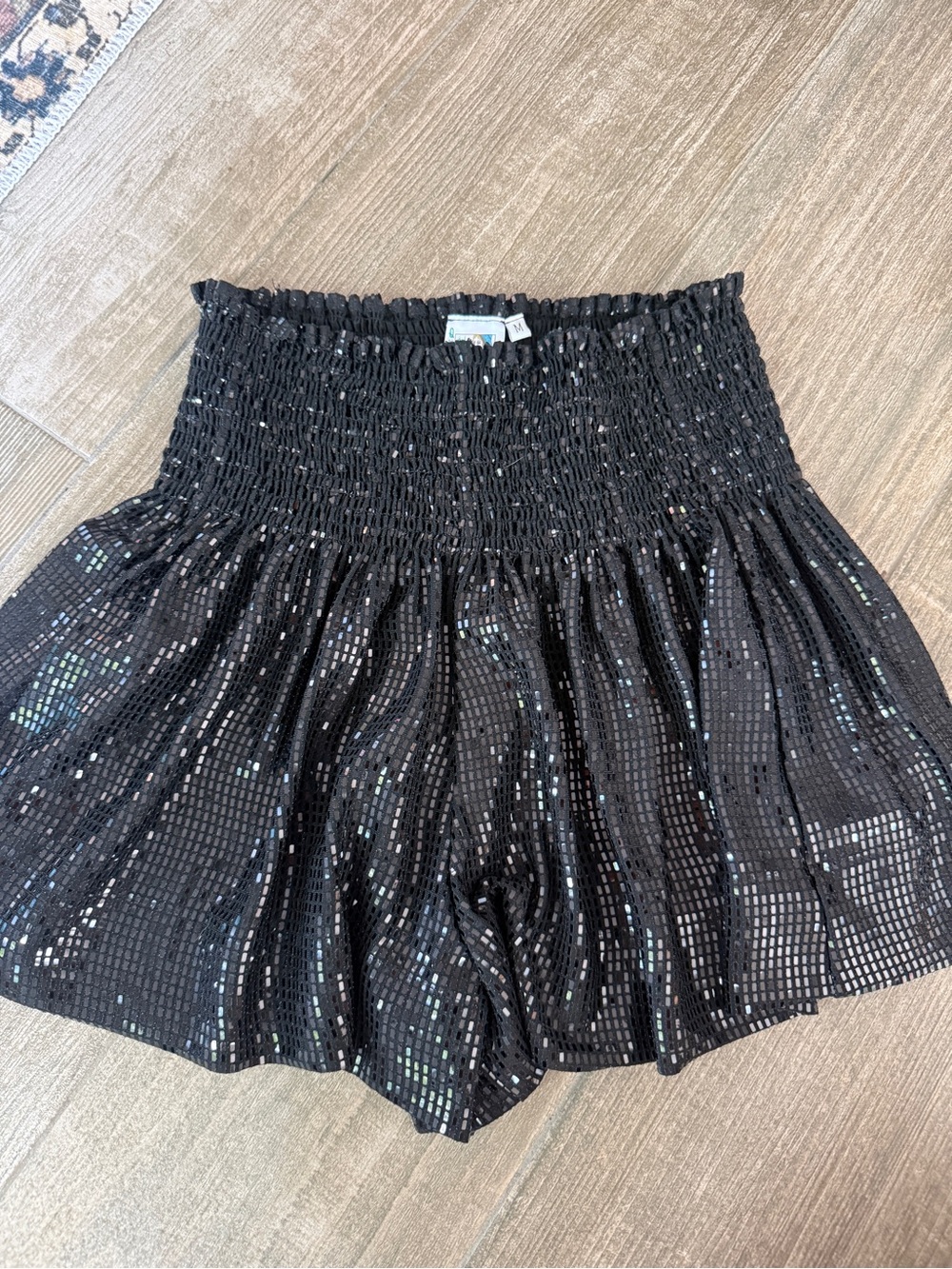 QUEEN OF SPARKLES Black Metallic Grid Smocked Mini Shorts